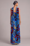 Royal Blue Sheath Velvet Strapless Floral Maxi Formal Dress with Neck Scarf