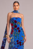 Royal Blue Sheath Velvet Strapless Floral Maxi Formal Dress with Neck Scarf