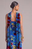 Royal Blue Sheath Velvet Strapless Floral Maxi Formal Dress with Neck Scarf