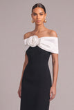 Black Sheath Off the Shoulder Long Formal Dress with 3D Flower