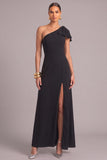 Black A-Line One Shoulder Long Formal Dress with Slit