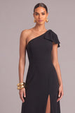 Black A-Line One Shoulder Long Formal Dress with Slit