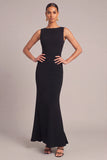 Black Mermaid Boat Neck Ruffled Maxi Formal Dress with Bow