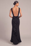Black Mermaid Boat Neck Ruffled Maxi Formal Dress with Bow