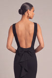 Black Mermaid Boat Neck Ruffled Maxi Formal Dress with Bow