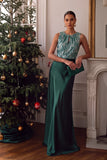 Sparkly Dark Green Mermaid Round Neck Sequins Long Formal Dress