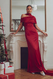 Dark Red Mermaid One Shoulder Ruched Maxi Formal Dress with Neck Scarf