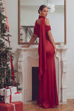 Dark Red Mermaid One Shoulder Ruched Maxi Formal Dress with Neck Scarf
