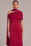 Dark Red Mermaid One Shoulder Ruched Maxi Formal Dress with Neck Scarf