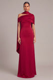 Dark Red Mermaid One Shoulder Ruched Maxi Formal Dress with Neck Scarf