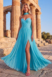 Sparkly Lake Blue A-Line Strapless Pleated Long Prom Dress with Rhinestone