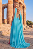 Sparkly Lake Blue A-Line Strapless Pleated Long Prom Dress with Rhinestone