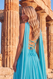 Sparkly Lake Blue A-Line Strapless Pleated Long Prom Dress with Rhinestone