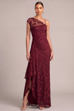 Dark Red Lace Sheath Asymmetrical Neck Ruched A-Line Maxi Formal Dress with Slit