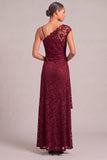 Dark Red Lace Sheath Asymmetrical Neck Ruched A-Line Maxi Formal Dress with Slit