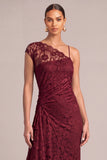 Dark Red Lace Sheath Asymmetrical Neck Ruched A-Line Maxi Formal Dress with Slit