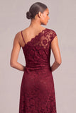 Dark Red Lace Sheath Asymmetrical Neck Ruched A-Line Maxi Formal Dress with Slit