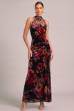 Red Mermaid Floral High Neck Velvet Ruched Maxi Formal Dress