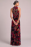 Red Mermaid Floral High Neck Velvet Ruched Maxi Formal Dress
