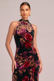 Red Mermaid Floral High Neck Velvet Ruched Maxi Formal Dress