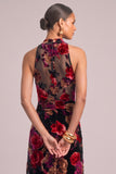 Red Mermaid Floral High Neck Velvet Ruched Maxi Formal Dress