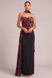 Black Sheath Strapless Floral Velvet Long Formal Dress with Neck Scarf