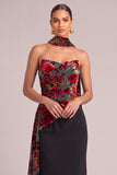 Black Sheath Strapless Floral Velvet Long Formal Dress with Neck Scarf