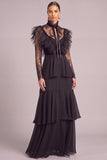 Black High Neck Ruffled A-Line Lace Long Sleeves Formal Dress