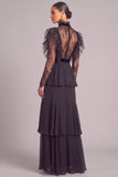 Black High Neck Ruffled A-Line Lace Long Sleeves Formal Dress