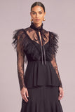 Black High Neck Ruffled A-Line Lace Long Sleeves Formal Dress