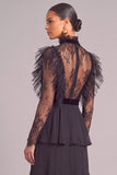 Black High Neck Ruffled A-Line Lace Long Sleeves Formal Dress
