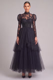 Black A-Line High Neck Long Sleeves Lace Formal Dress
