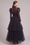 Black A-Line High Neck Long Sleeves Lace Formal Dress