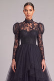 Black A-Line High Neck Long Sleeves Lace Formal Dress