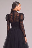 Black A-Line High Neck Long Sleeves Lace Formal Dress