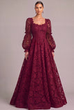 Dark Red A-Line Square Neck Lace Puff Sleeves Maxi Formal Dress