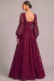 Dark Red A-Line Square Neck Lace Puff Sleeves Maxi Formal Dress