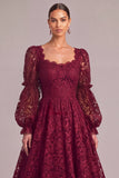 Dark Red A-Line Square Neck Lace Puff Sleeves Maxi Formal Dress