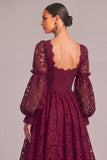Dark Red A-Line Square Neck Lace Puff Sleeves Maxi Formal Dress