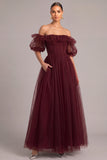 Dark Red Corset Off the Shoulder Tulle Puff Sleeves Maxi Formal Dress with Pockets