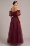 Dark Red Corset Off the Shoulder Tulle Puff Sleeves Maxi Formal Dress with Pockets