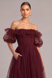 Dark Red Corset Off the Shoulder Tulle Puff Sleeves Maxi Formal Dress with Pockets