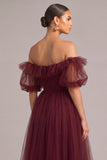 Dark Red Corset Off the Shoulder Tulle Puff Sleeves Maxi Formal Dress with Pockets
