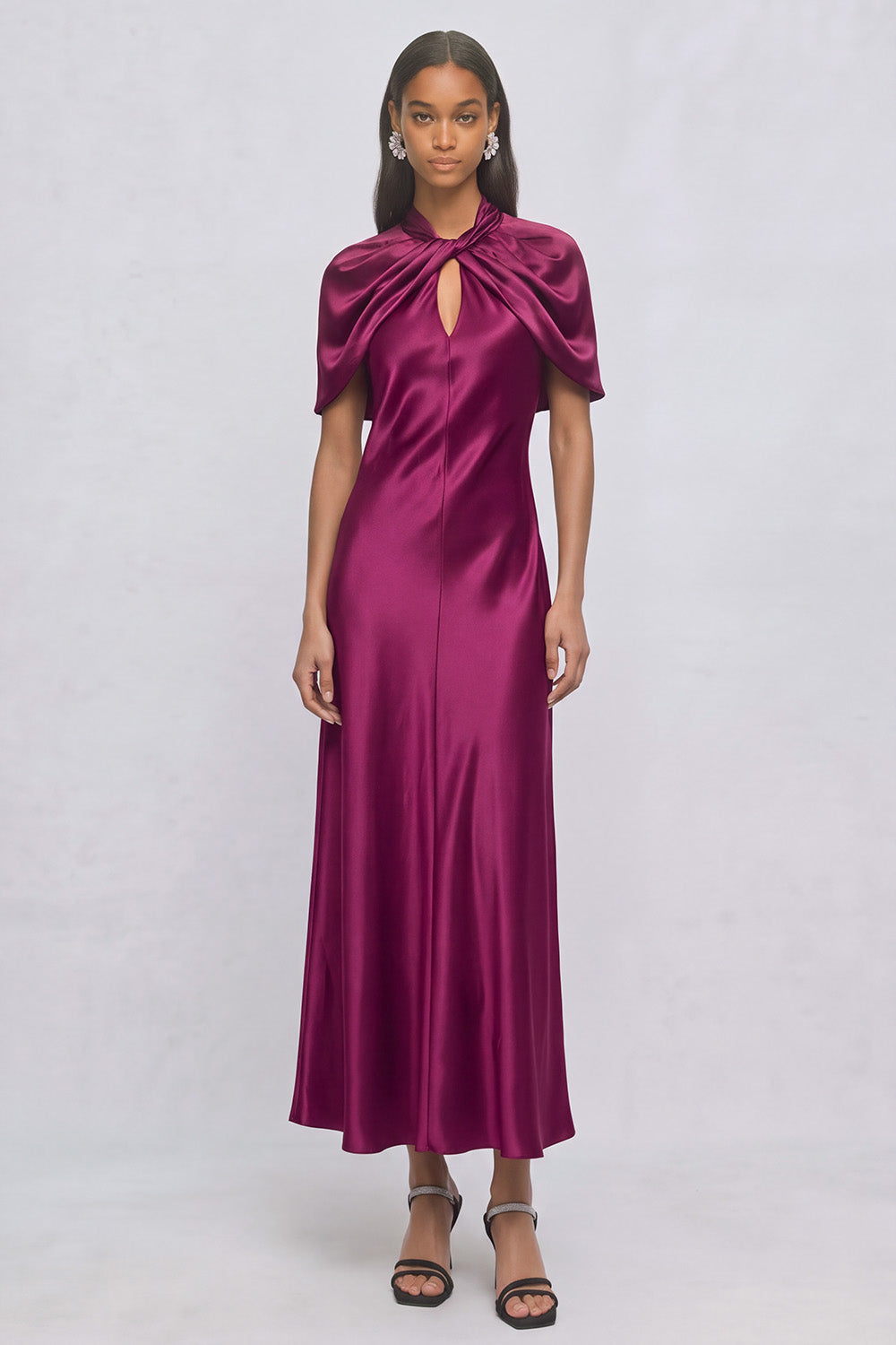Leely Women Raspberry Maxi Formal Dress with Cape Satin A-Line High ...