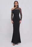 Black Mermaid One Shoulder Ruched Long Formal Dress with Sleeves
