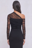 Black Mermaid One Shoulder Ruched Long Formal Dress with Sleeves