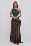 Green One Shoulder Velvet A-Line Floral Maxi Formal Dress with Cape