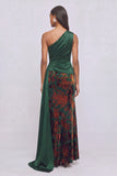 Green One Shoulder Velvet A-Line Floral Maxi Formal Dress with Cape