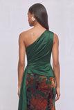 Green One Shoulder Velvet A-Line Floral Maxi Formal Dress with Cape
