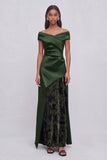 Dark Green A-Line Velvet Off the Shoulder Floral Maxi Formal Dress